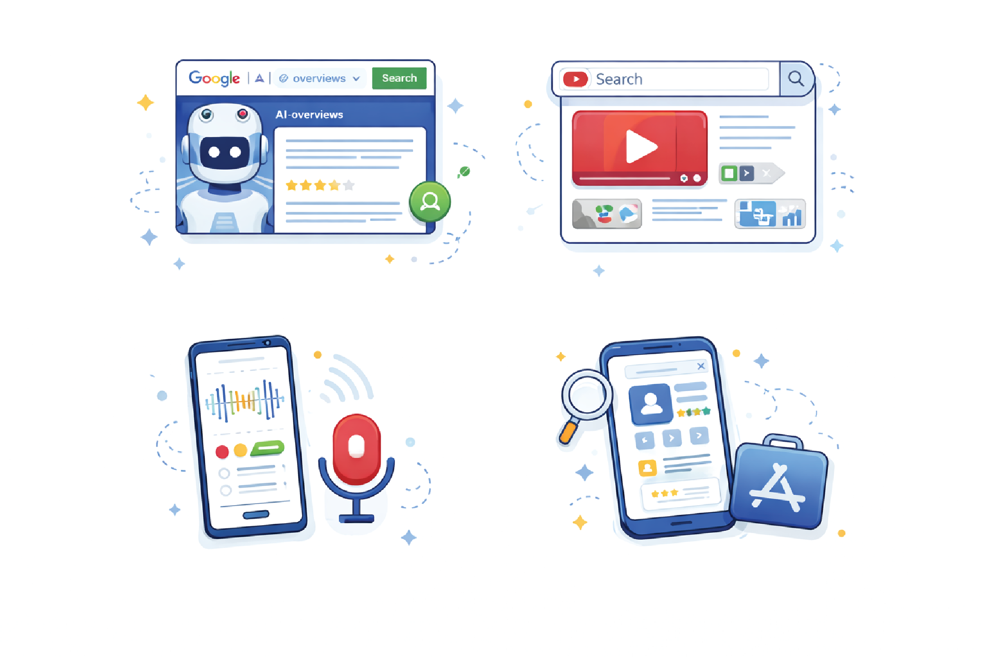 a vector image showing advanced seo services like AI seo, voice seo, video seo, app store seo